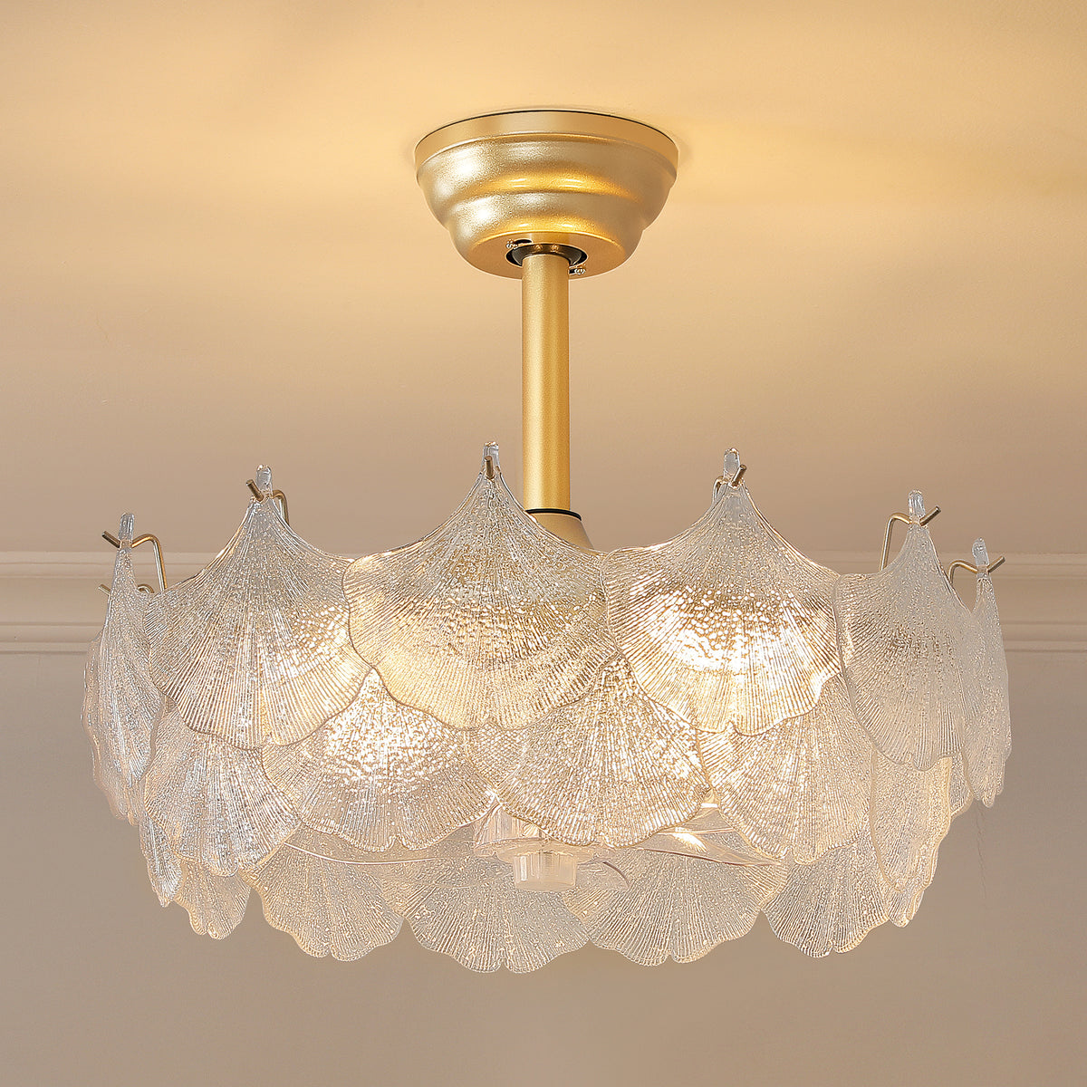 19" Indoor Crystal Cage Scallop Shape Glass Gold Ceiling Fan With Light and Remote Control 6-Speed Reversible Motor