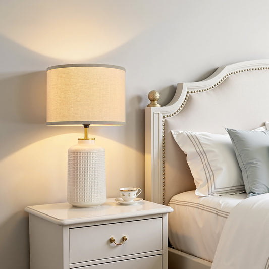 23'' Vintage Bohemian-Style White Cylindrical Table Lamp