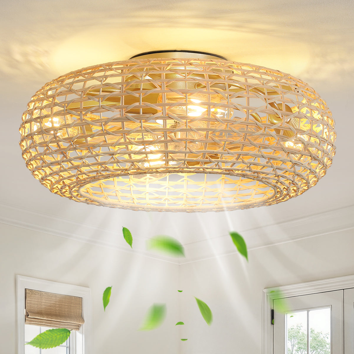 20" Rattan-Woven Low-Profile Ceiling Fan with Light