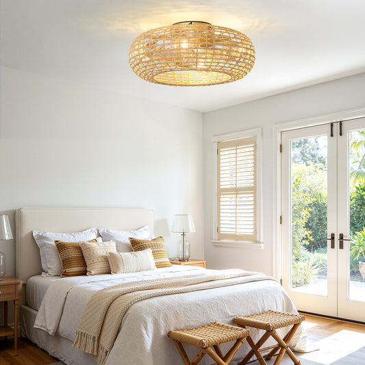 20" Rattan-Woven Low-Profile Ceiling Fan with Light