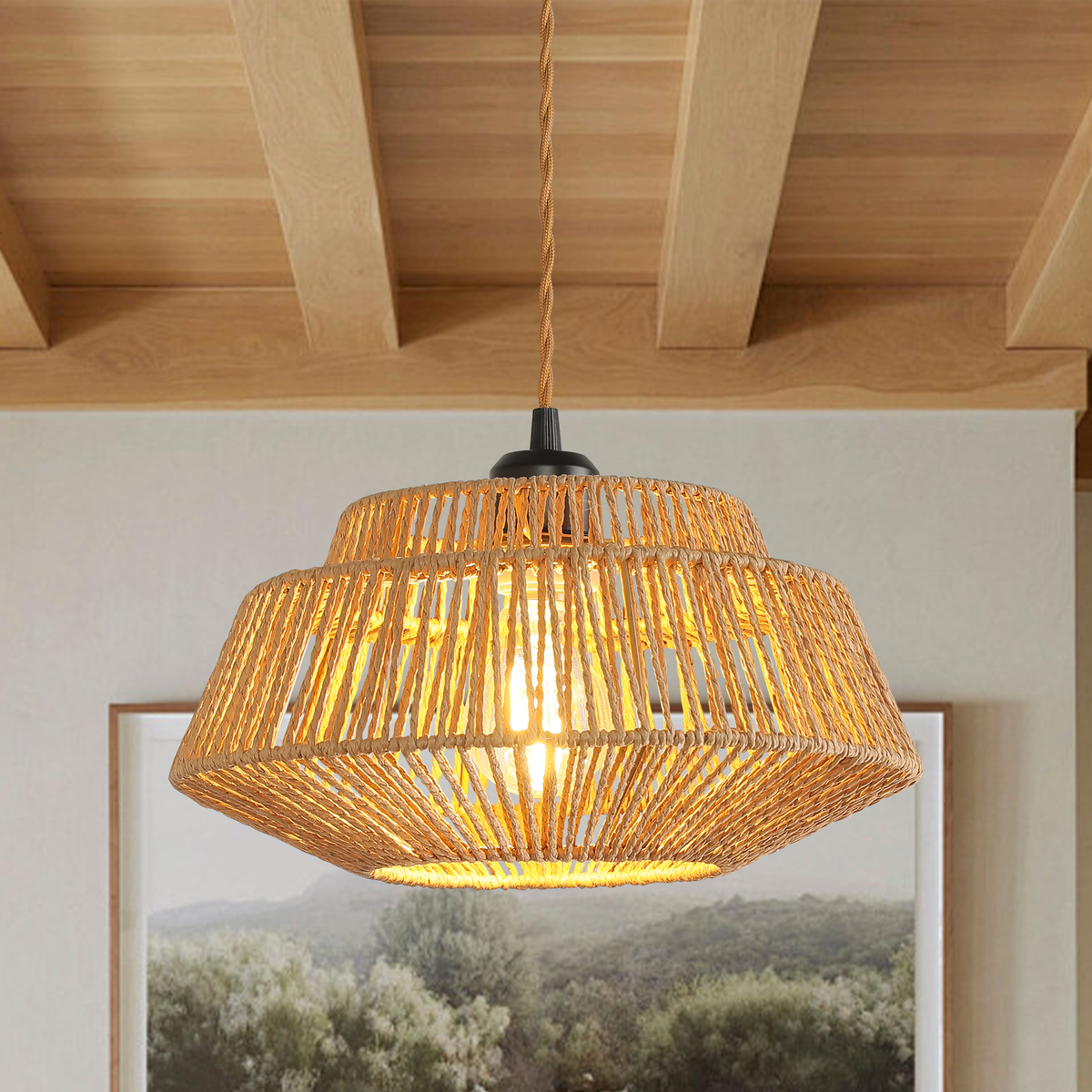 Bohemian 11.8-inch rattan pendant light, dimmable, comes with 23 feet of cord.