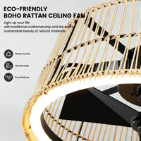 20" Bohemian-Style Rattan Ceiling Fan (with Light and Remote Control) — Supports LED Dimming and Smart App Control; Semi-Flush Mount Design, Suitable for Bedrooms and Living Rooms.