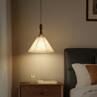 60-Watt 1-Light Vintage Walnut Pendant Light with Fabric Shade Adjustable Height Cone Hanging Lamp For Kitchen Island
