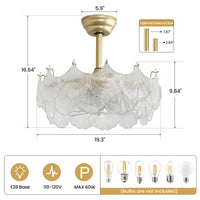 19" Indoor Crystal Cage Scallop Shape Glass Gold Ceiling Fan With Light and Remote Control 6-Speed Reversible Motor