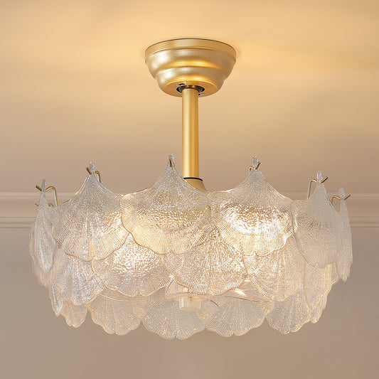 19" Indoor Crystal Cage Scallop Shape Glass Gold Ceiling Fan With Light and Remote Control 6-Speed Reversible Motor