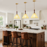 60-Watt 1-Light Vintage Walnut Pendant Light with Fabric Shade Adjustable Height Cone Hanging Lamp For Kitchen Island