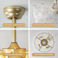 19" Indoor Crystal Cage Scallop Shape Glass Gold Ceiling Fan With Light and Remote Control 6-Speed Reversible Motor