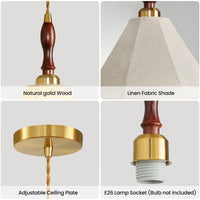 60-Watt 1-Light Vintage Walnut Pendant Light with Fabric Shade Adjustable Height Cone Hanging Lamp For Kitchen Island