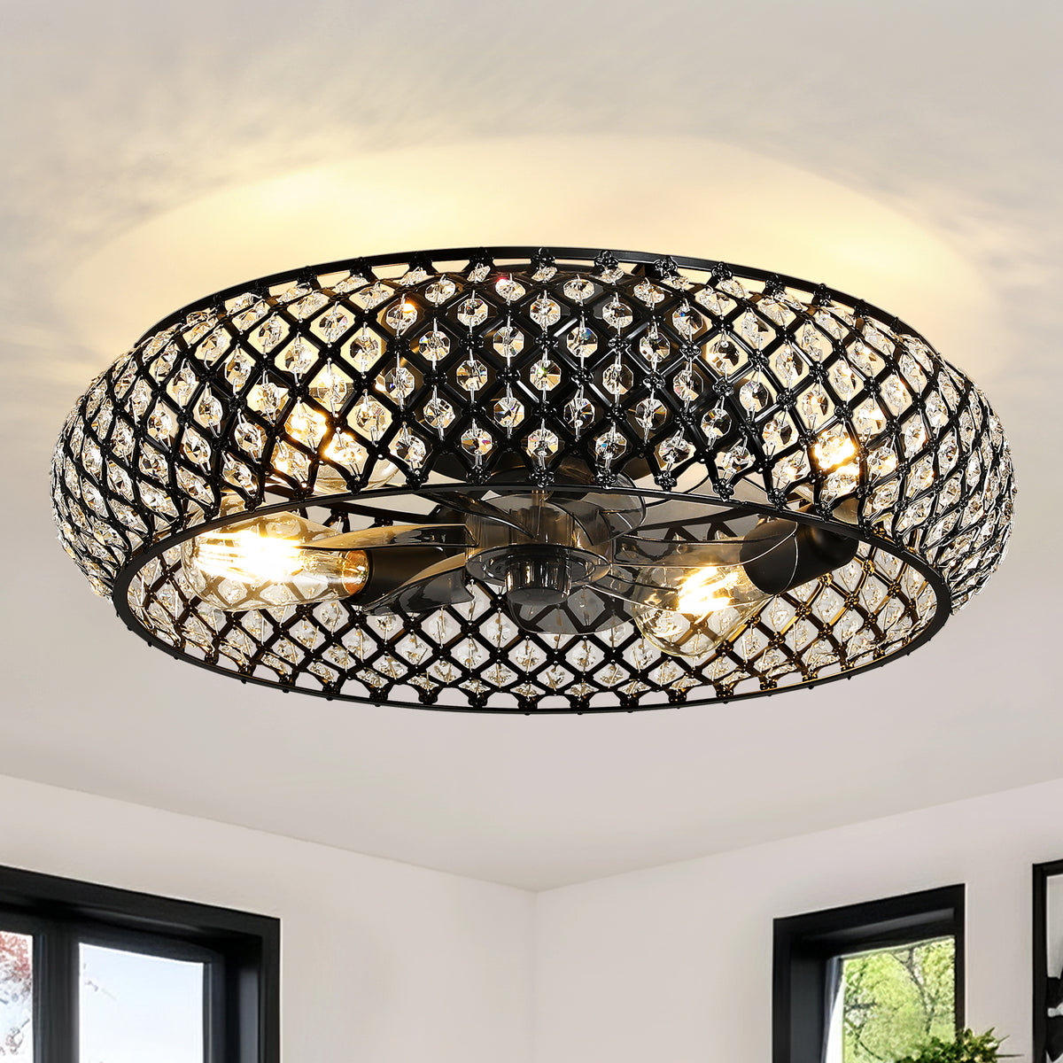 Metal Ceiling Fan with Lights: 20" Iron Low Profile Crystal Black Caged Industrial Ceiling Fans with Light Flush Mount Remote Control 6 Speeds for Bedroom Living Room Kitchen