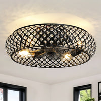 Metal Ceiling Fan with Lights: 20" Iron Low Profile Crystal Black Caged Industrial Ceiling Fans with Light Flush Mount Remote Control 6 Speeds for Bedroom Living Room Kitchen