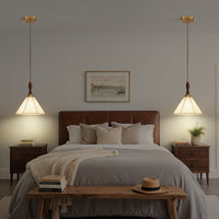 60-Watt 1-Light Vintage Walnut Pendant Light with Fabric Shade Adjustable Height Cone Hanging Lamp For Kitchen Island