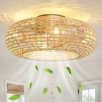 20" Rattan-Woven Low-Profile Ceiling Fan with Light