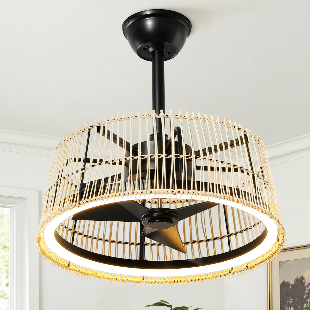 20" Bohemian-Style Rattan Ceiling Fan (with Light and Remote Control) — Supports LED Dimming and Smart App Control; Semi-Flush Mount Design, Suitable for Bedrooms and Living Rooms.
