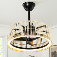 20" Bohemian-Style Rattan Ceiling Fan (with Light and Remote Control) — Supports LED Dimming and Smart App Control; Semi-Flush Mount Design, Suitable for Bedrooms and Living Rooms.