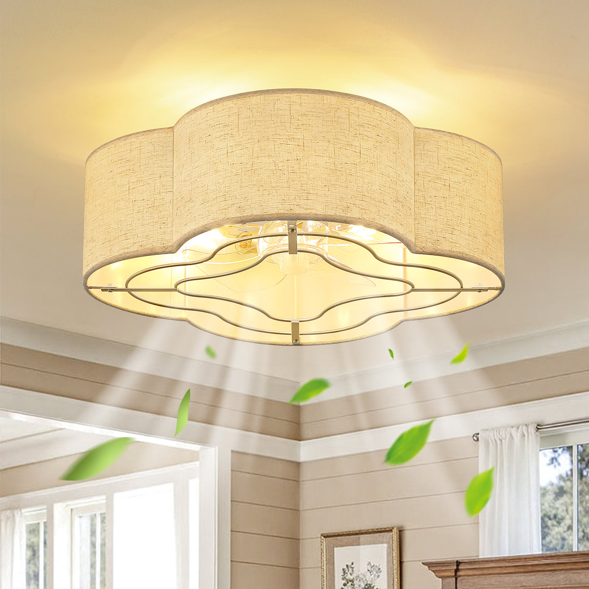 20" Indoor Flush Mount Fabric Boho Gold Caged Ceiling Fan With Light and Remote Control 6-Speed Reversible Motor