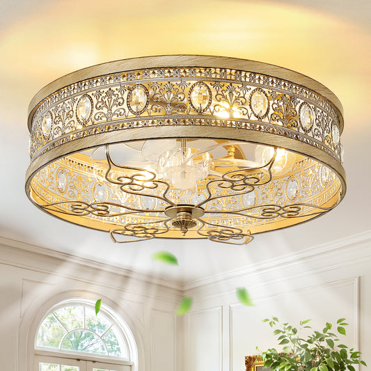 19'' Retro country style crystal ceiling fan light with remote control and dimming function