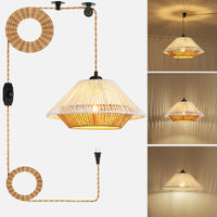 Bohemian-style rattan chandelier, 23-foot plug-in power cord, dimmable