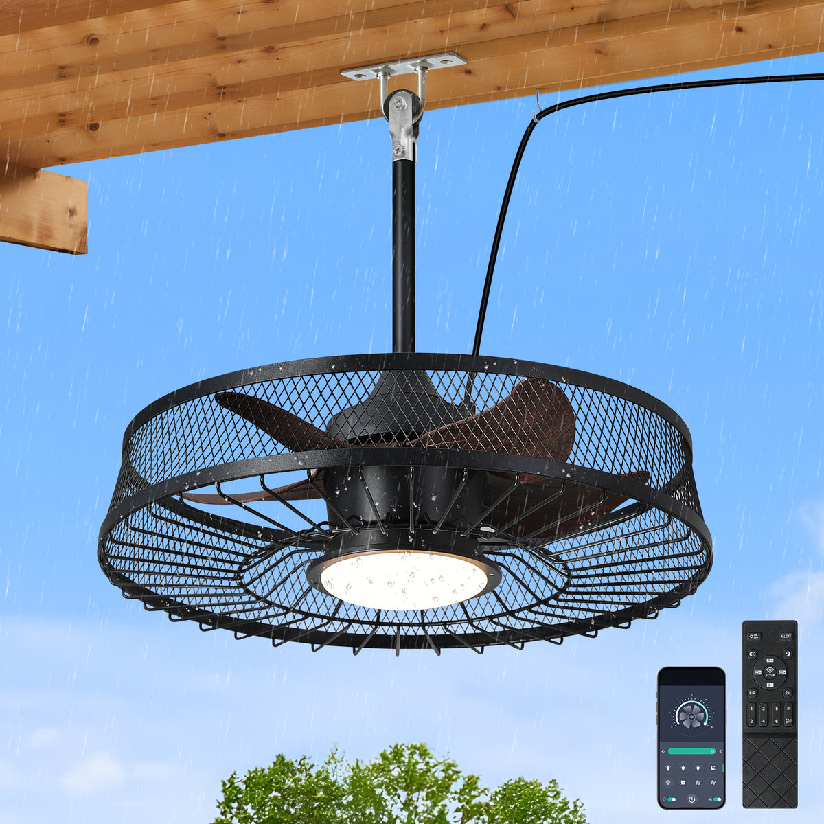 22" Outdoor Ceiling Fans with Light, Waterproof Plug in Ceiling Fan, 3CCT Dimmable, Gazebo Hanging Fan with Remote & APP Control, Caged Ceiling Fan for Patio Porch Pergola
