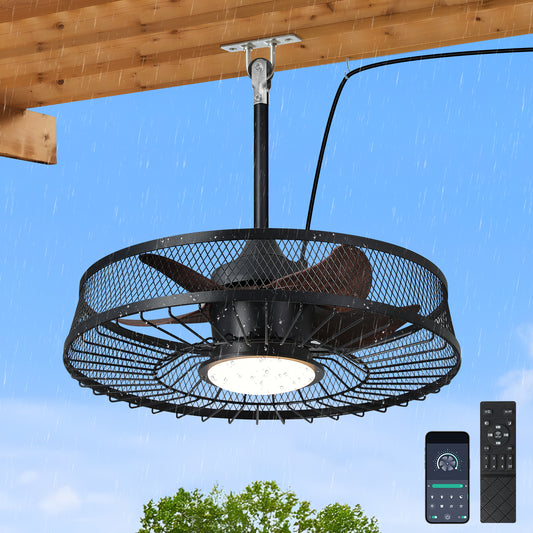 22" Outdoor Ceiling Fans with Light, Waterproof Plug in Ceiling Fan, 3CCT Dimmable, Gazebo Hanging Fan with Remote & APP Control, Caged Ceiling Fan for Patio Porch Pergola