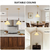 60-Watt 1-Light Vintage Walnut Pendant Light with Fabric Shade Adjustable Height Cone Hanging Lamp For Kitchen Island
