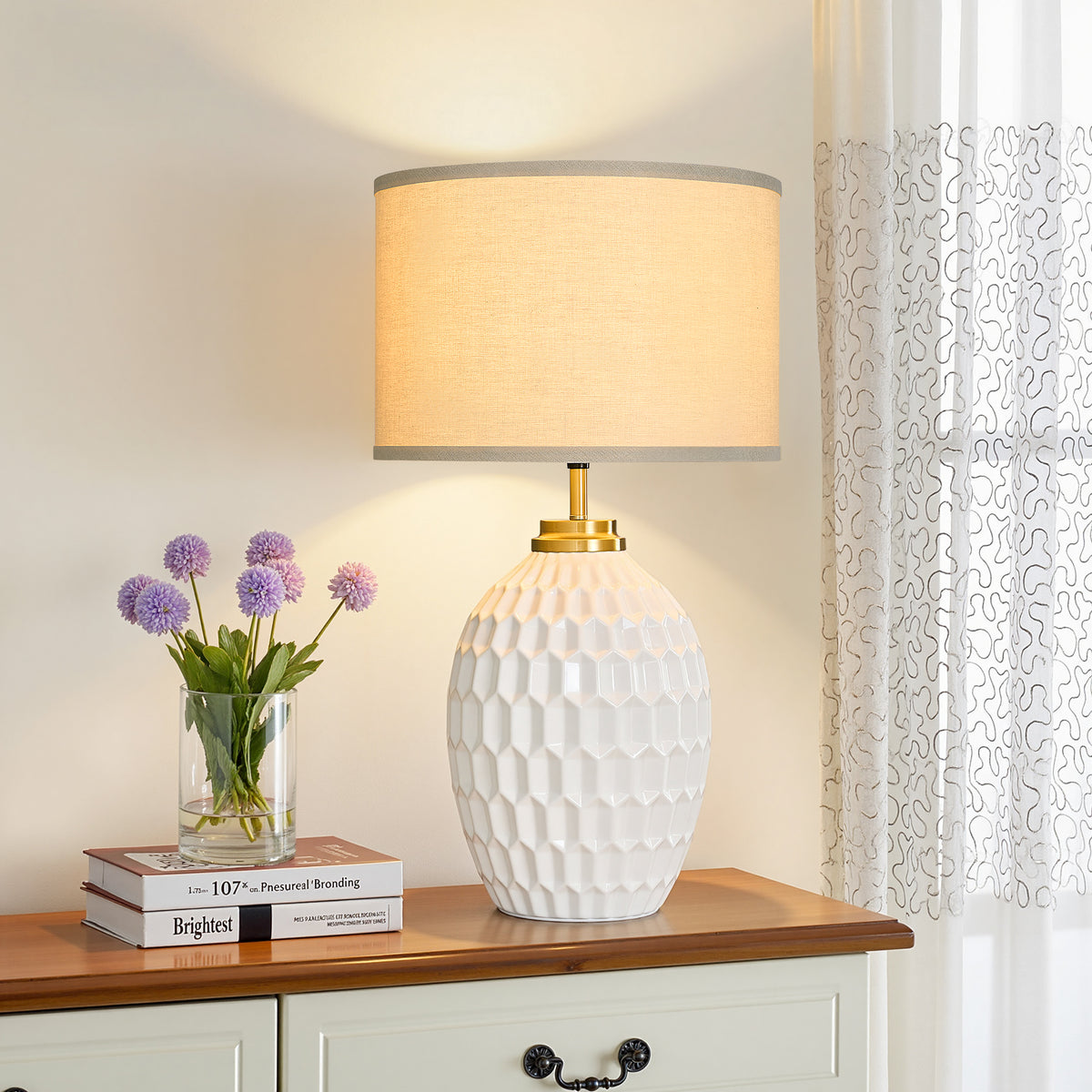 25.4" Modern Ceramic Table Lamp with Switch and Linen Shade