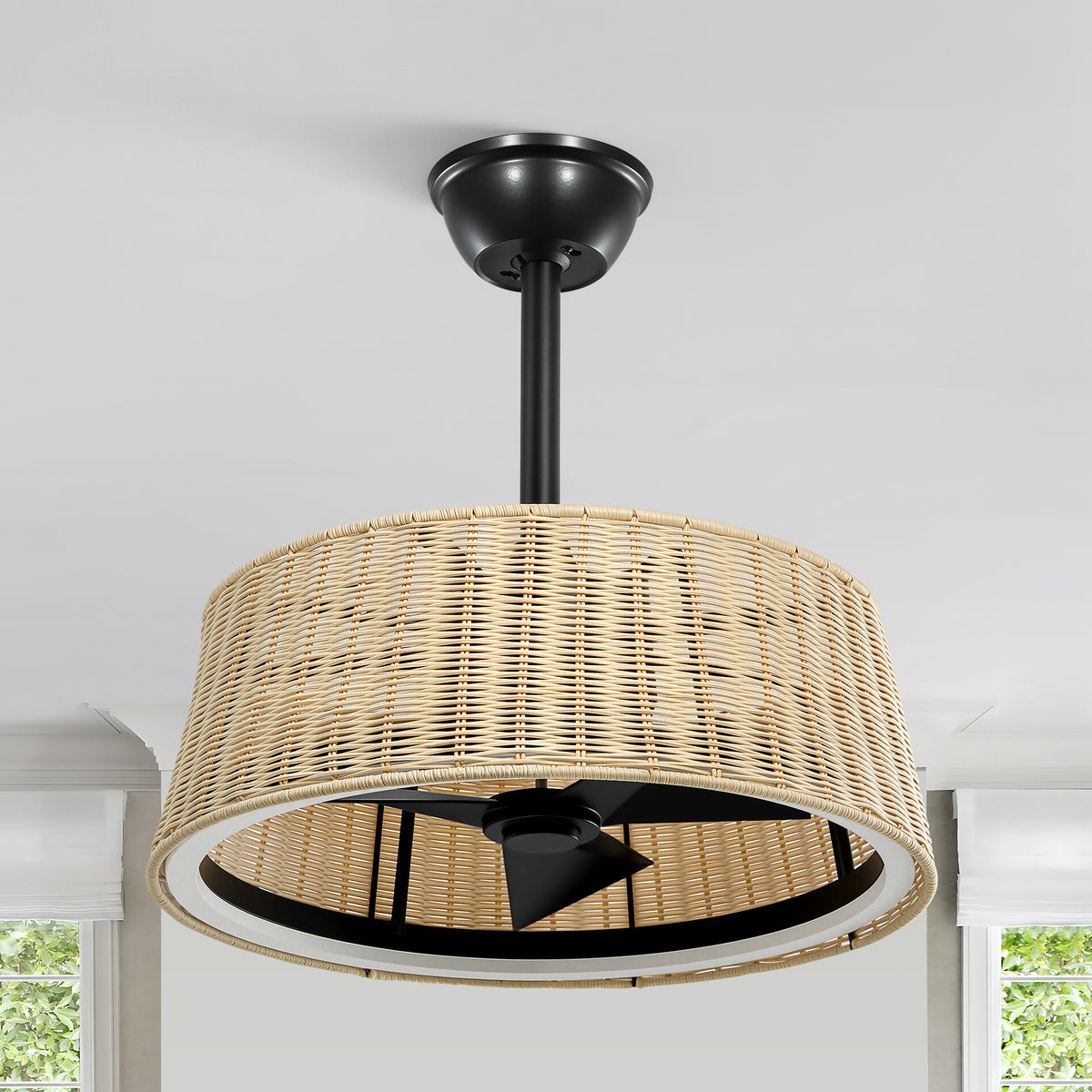20" Bohemian-Style Rattan Ceiling Fan (with Light and Remote Control) — Supports LED Dimming and Smart App Control; Semi-Flush Mount Design, Suitable for Bedrooms and Living Rooms.