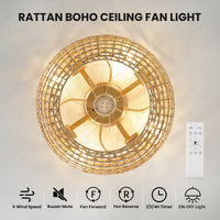 20" Rattan-Woven Low-Profile Ceiling Fan with Light