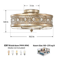 19'' Retro country style crystal ceiling fan light with remote control and dimming function