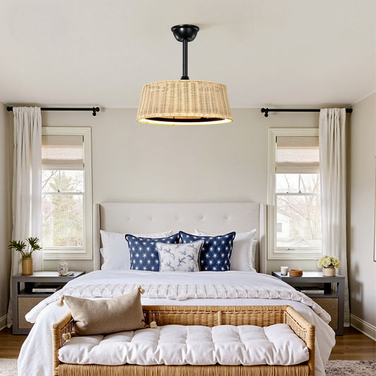 20" Bohemian-Style Rattan Ceiling Fan (with Light and Remote Control) — Supports LED Dimming and Smart App Control; Semi-Flush Mount Design, Suitable for Bedrooms and Living Rooms.
