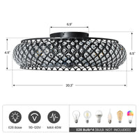 Metal Ceiling Fan with Lights: 20" Iron Low Profile Crystal Black Caged Industrial Ceiling Fans with Light Flush Mount Remote Control 6 Speeds for Bedroom Living Room Kitchen