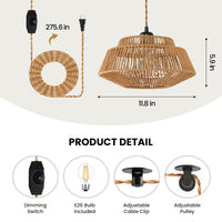 Bohemian 11.8-inch rattan pendant light, dimmable, comes with 23 feet of cord.
