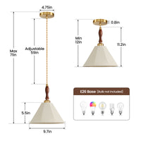 60-Watt 1-Light Vintage Walnut Pendant Light with Fabric Shade Adjustable Height Cone Hanging Lamp For Kitchen Island