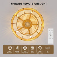 20" Barby Boho Ceiling Fan with Rattan Light Shades & Remote Control