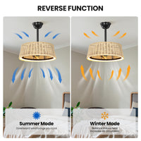 20" Bohemian-Style Rattan Ceiling Fan (with Light and Remote Control) — Supports LED Dimming and Smart App Control; Semi-Flush Mount Design, Suitable for Bedrooms and Living Rooms.