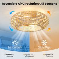 20" Rattan-Woven Low-Profile Ceiling Fan with Light