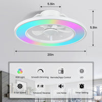 20" Smart Indoor White Flush Mount Dimmable LED Modern Ceiling Fan With 1000+RGB Ambient Light APP/Remote Control