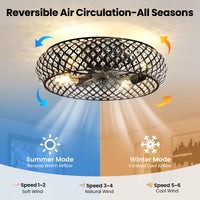 Metal Ceiling Fan with Lights: 20" Iron Low Profile Crystal Black Caged Industrial Ceiling Fans with Light Flush Mount Remote Control 6 Speeds for Bedroom Living Room Kitchen