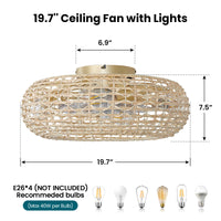 20" Rattan-Woven Low-Profile Ceiling Fan with Light