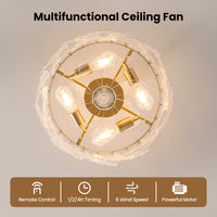 19" Indoor Crystal Cage Scallop Shape Glass Gold Ceiling Fan With Light and Remote Control 6-Speed Reversible Motor