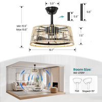 20" Bohemian-Style Rattan Ceiling Fan (with Light and Remote Control) — Supports LED Dimming and Smart App Control; Semi-Flush Mount Design, Suitable for Bedrooms and Living Rooms.