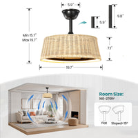 20" Bohemian-Style Rattan Ceiling Fan (with Light and Remote Control) — Supports LED Dimming and Smart App Control; Semi-Flush Mount Design, Suitable for Bedrooms and Living Rooms.