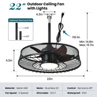 22" Outdoor Ceiling Fans with Light, Waterproof Plug in Ceiling Fan, 3CCT Dimmable, Gazebo Hanging Fan with Remote & APP Control, Caged Ceiling Fan for Patio Porch Pergola