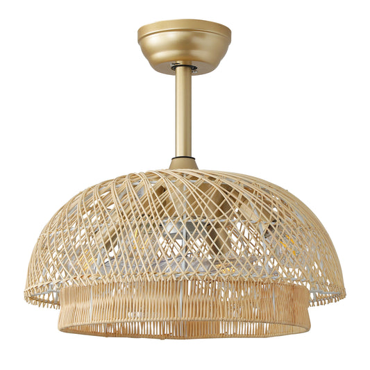Double-Layer Rattan Caged Fandelier Ceiling Fan Light