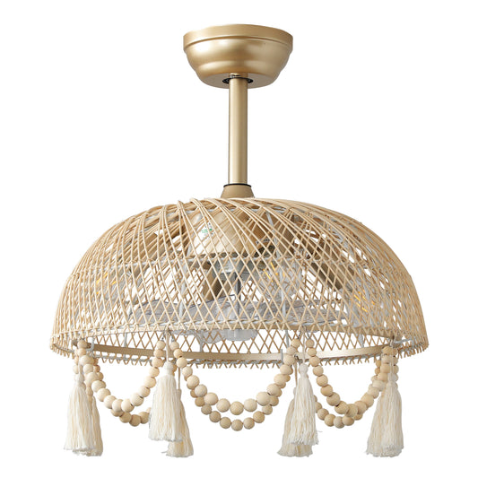 Decorative Double-Layer Rattan Caged Fandelier Ceiling Fan Light