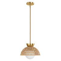 Rattan Dome Pendant Light with White Glass Shade
