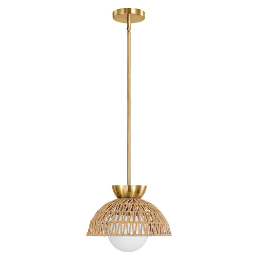 Rattan Dome Pendant Light with White Glass Shade