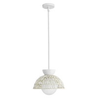 Rattan Dome Pendant Light with White Glass Shade