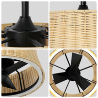 20" Bohemian-Style Rattan Ceiling Fan (with Light and Remote Control) — Supports LED Dimming and Smart App Control; Semi-Flush Mount Design, Suitable for Bedrooms and Living Rooms.
