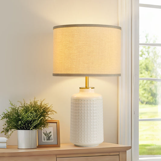 23'' Vintage Bohemian-Style White Cylindrical Table Lamp