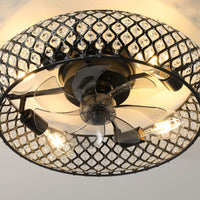 Metal Ceiling Fan with Lights: 20" Iron Low Profile Crystal Black Caged Industrial Ceiling Fans with Light Flush Mount Remote Control 6 Speeds for Bedroom Living Room Kitchen